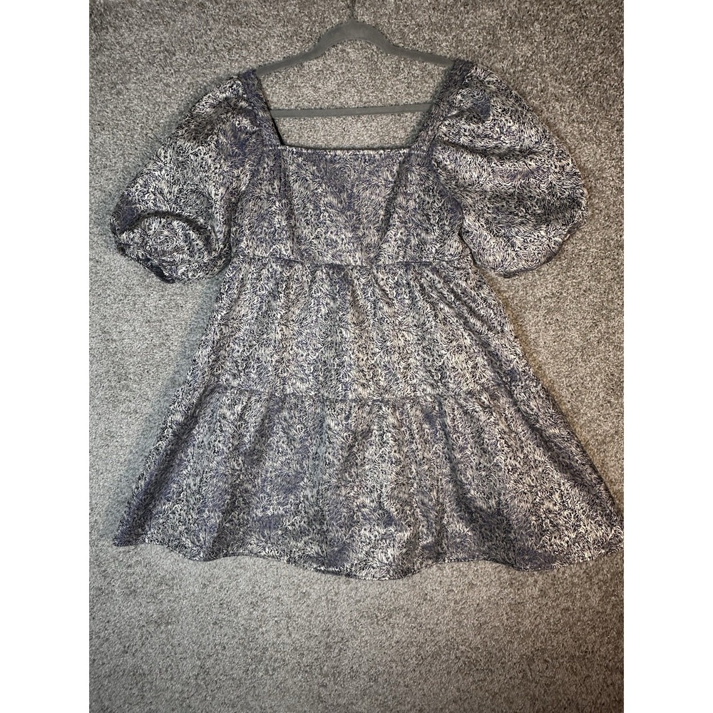 Moon River Metallic‎ Jacquard Puff Sleeve Mini Dress Blue Silver Size M